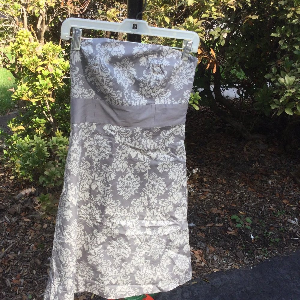 LOFT Strapless White Floral on Gray Midi Dress